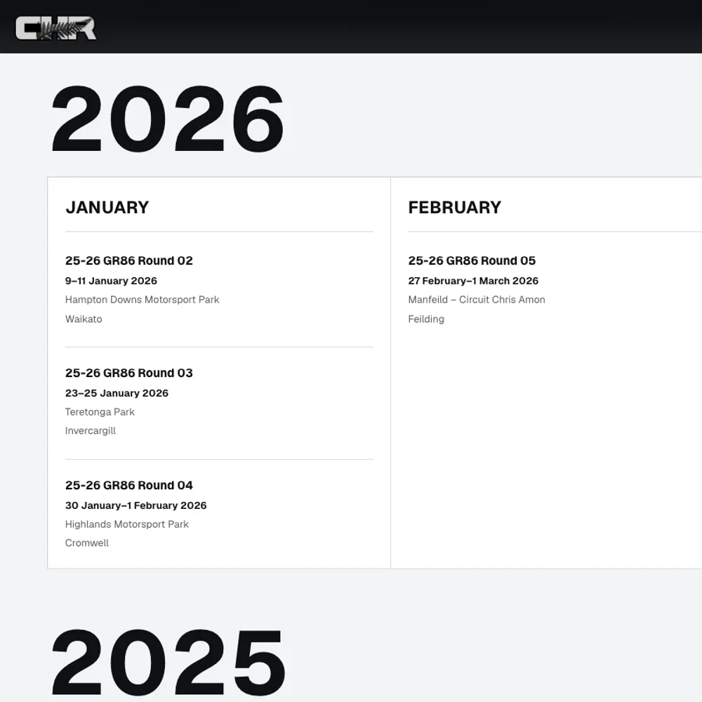 2026 race calendar on Cameron Hill Racing.