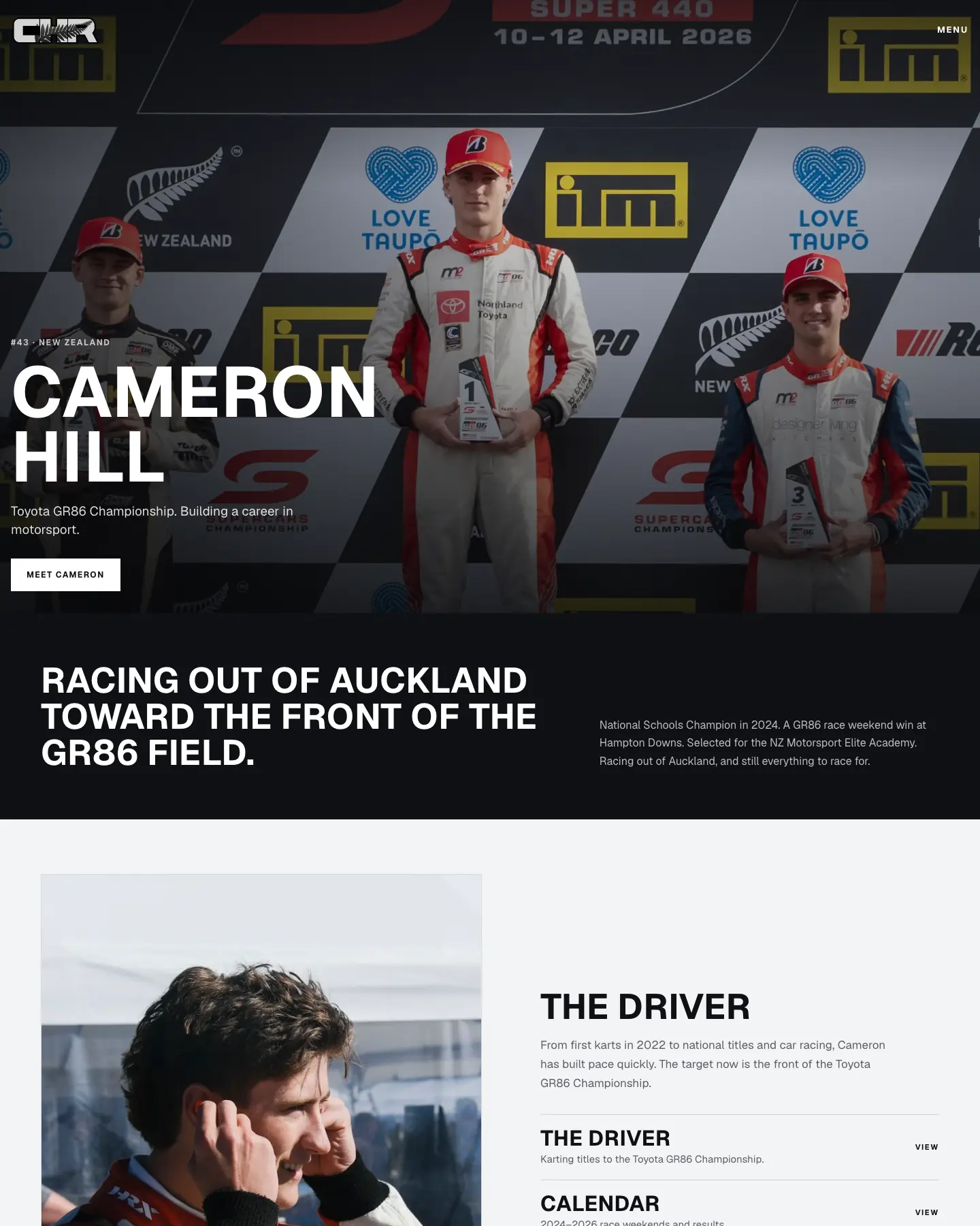 Cameron Hill Racing homepage, showing the hero and the page below.