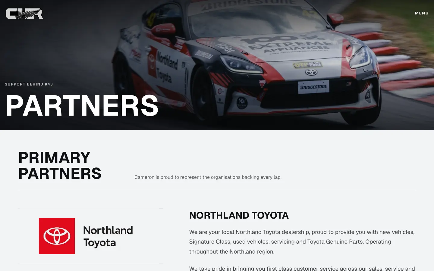 Partners page on Cameron Hill Racing, with primary partners.